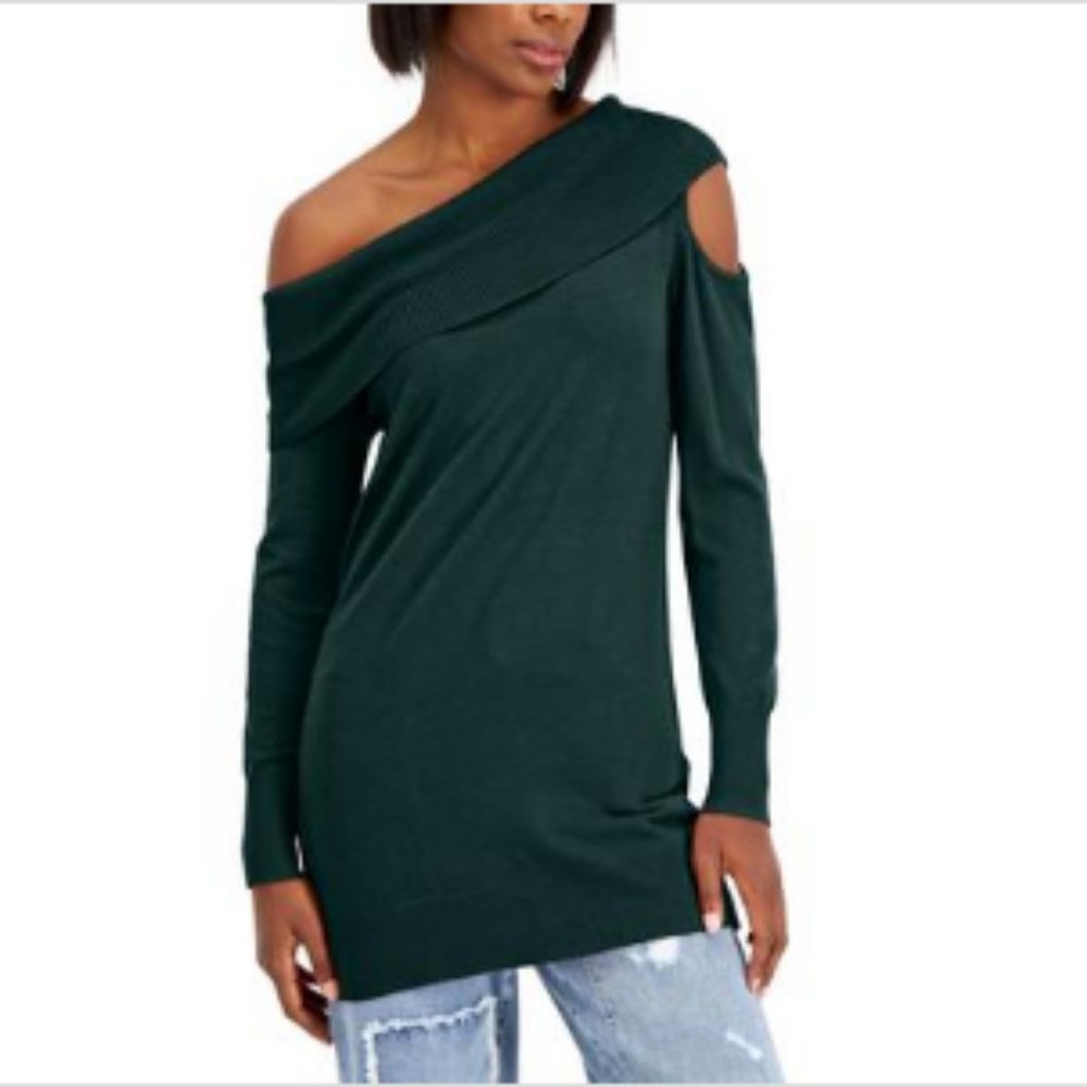 INC Off The Shoulder Cutout Fitted Sweater Medium Hunter Forest NWT